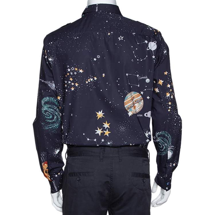 Pre Owned Valentino Navy Blue Cosmo Print Cotton Pocket Detail Shirt XL
