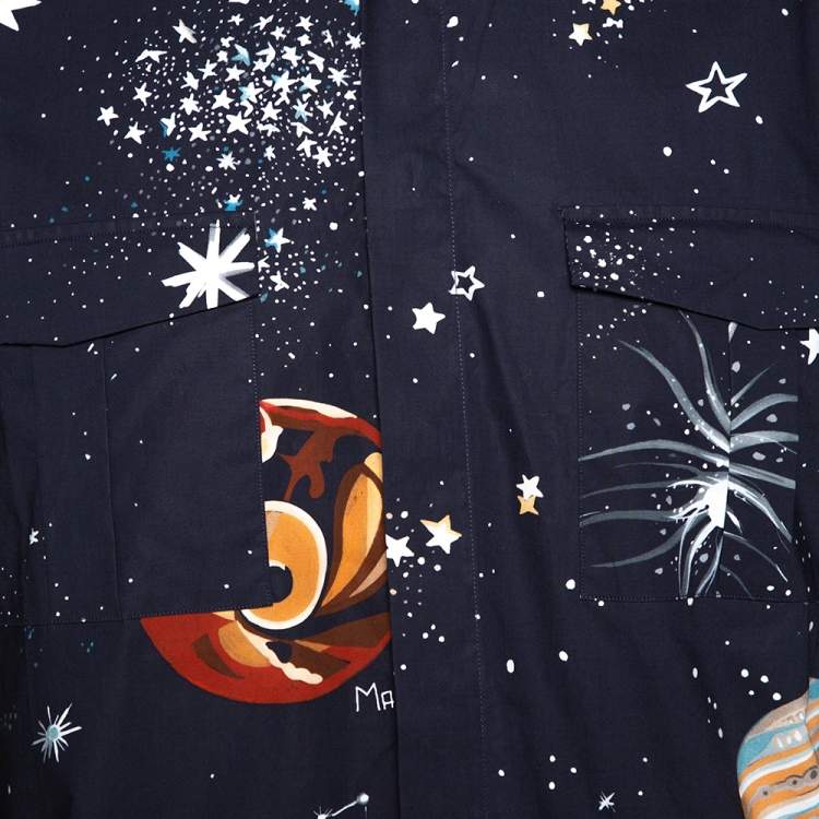 Pre Owned Valentino Navy Blue Cosmo Print Cotton Pocket Detail Shirt XL