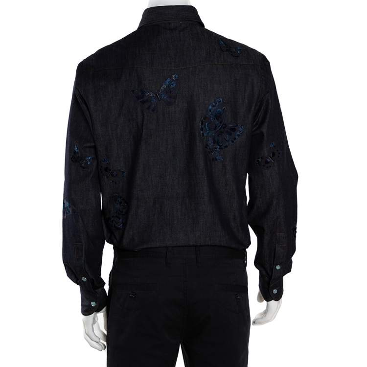 Pre Owned Valentino Indigo Denim Butterfly Embroidered Shirt L 