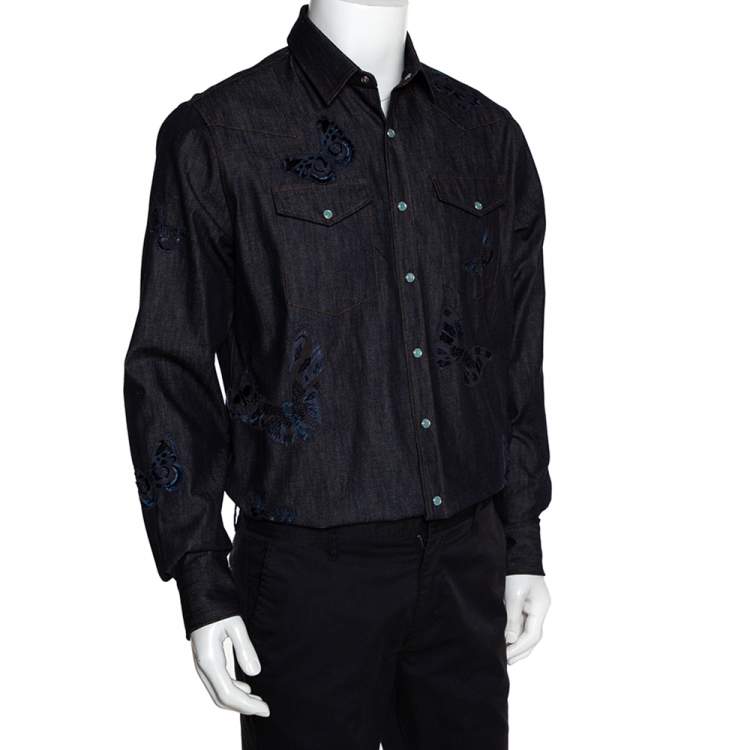 Pre Owned Valentino Indigo Denim Butterfly Embroidered Shirt L 