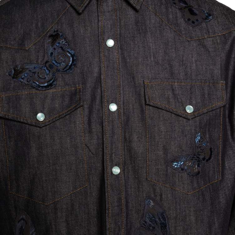 Pre Owned Valentino Indigo Denim Butterfly Embroidered Shirt L 