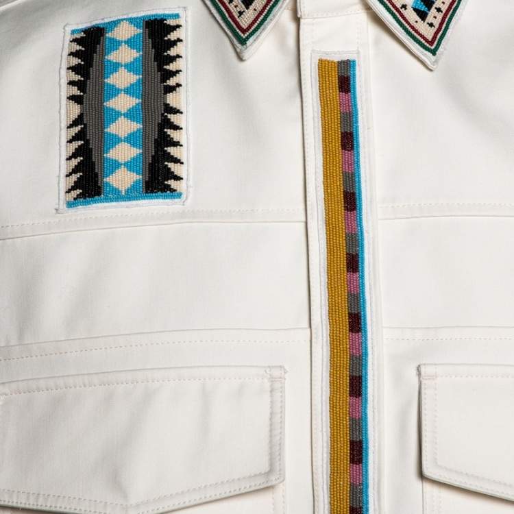 Pre Owned Valentino Cream Cotton Tribal Bead Embellished Utility Jacket XL