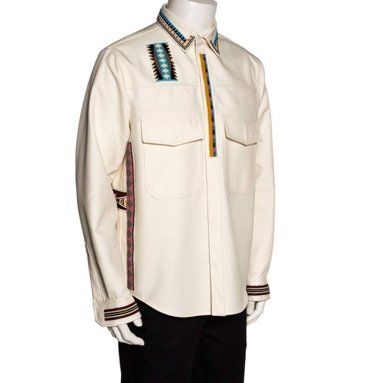 Pre Owned Valentino Cream Cotton Tribal Bead Embellished Utility Jacket XL