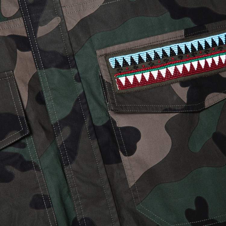 Pre Owned Valentino Green Camouflage Print Cotton Bead Embroidered Shirt XL