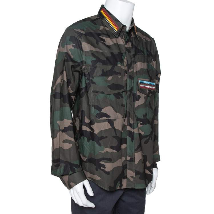 Pre Owned Valentino Green Camouflage Print Cotton Bead Embroidered Shirt XL
