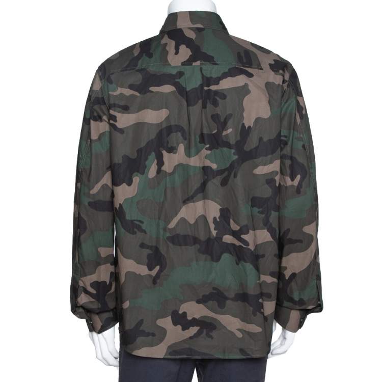 Pre Owned Valentino Green Camouflage Print Cotton Bead Embroidered Shirt XL