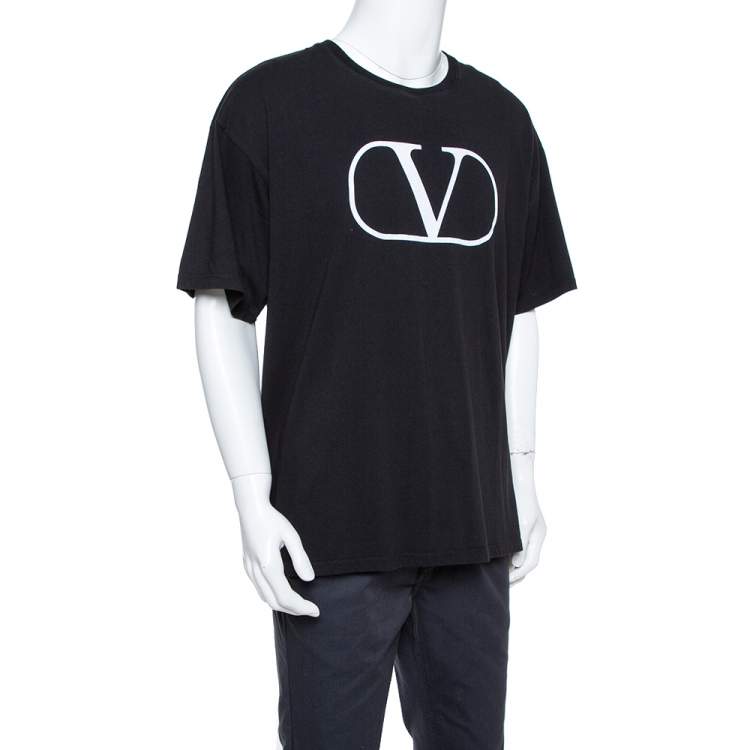 Pre Owned Valentino Black Knit Logo Printed Crewneck T-Shirt L