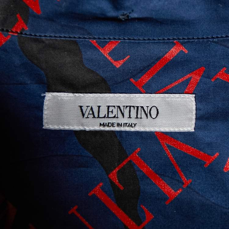 Pre Owned Valentino Navy Blue Logo Camouflage Printed Bowling Shirt XXL