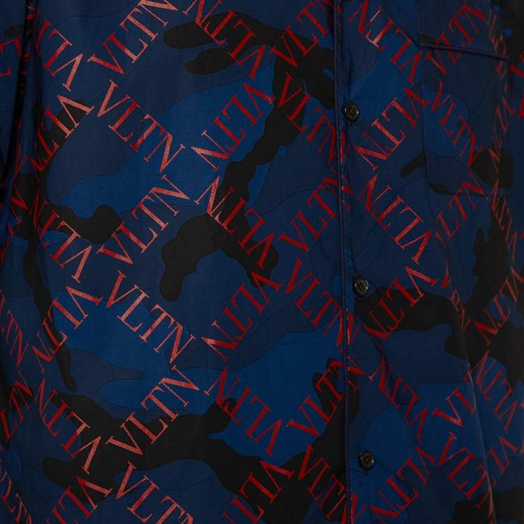 Pre Owned Valentino Navy Blue Logo Camouflage Printed Bowling Shirt XXL