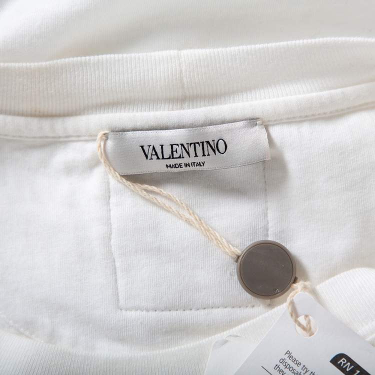 Pre Owned Valentino White Cotton Contrast Trim & Embroidery Patch Detail Crewneck T-Shirt M