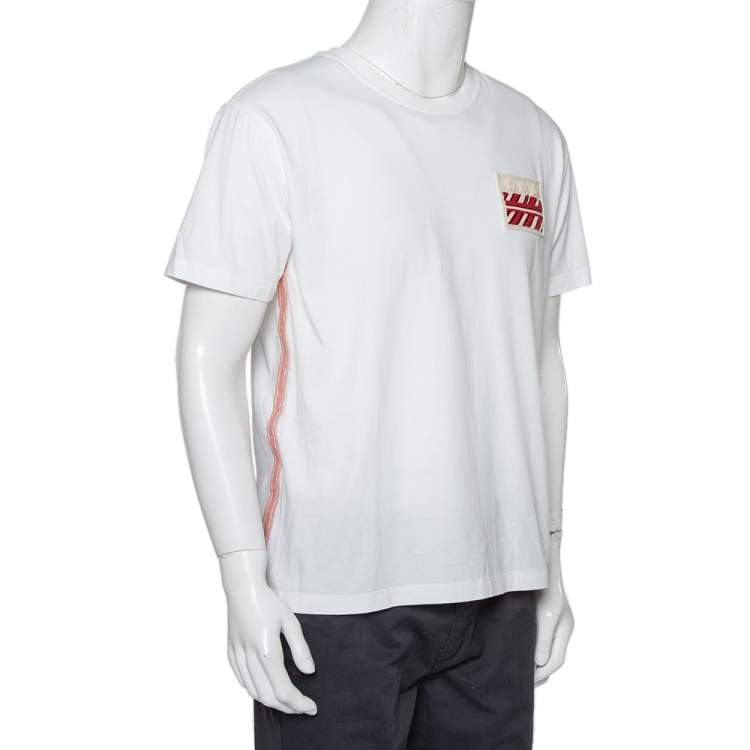 Pre Owned Valentino White Cotton Contrast Trim & Embroidery Patch Detail Crewneck T-Shirt M