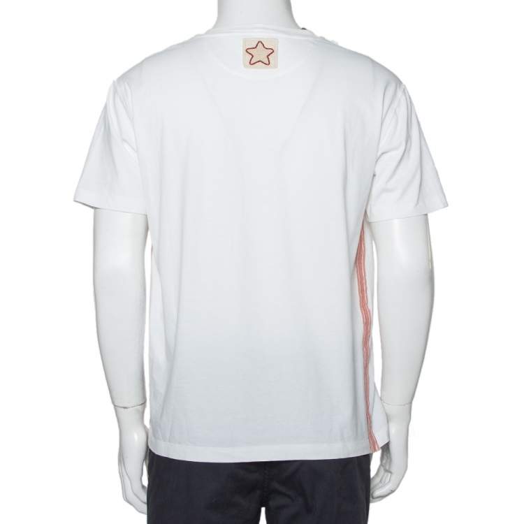 Pre Owned Valentino White Cotton Contrast Trim & Embroidery Patch Detail Crewneck T-Shirt M
