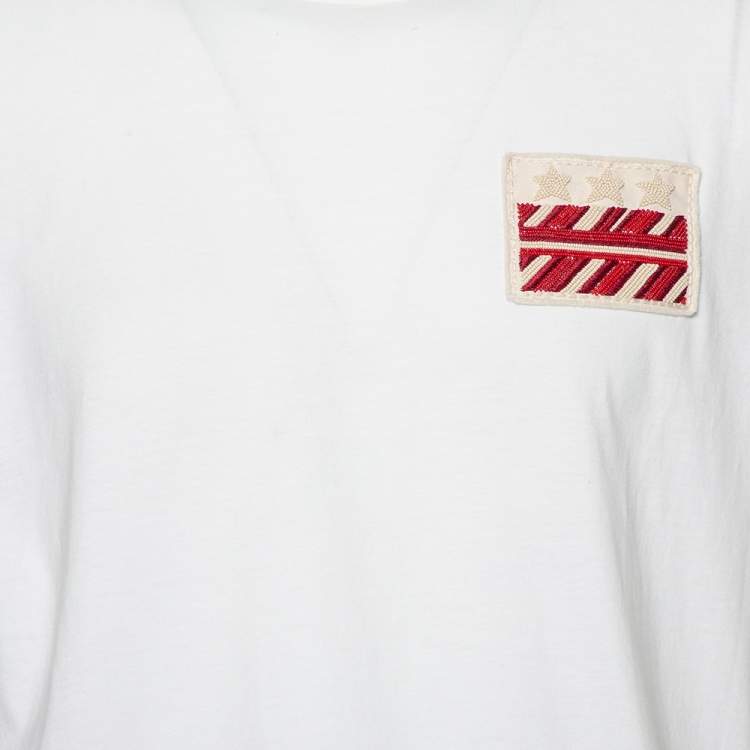 Pre Owned Valentino White Cotton Contrast Trim & Embroidery Patch Detail Crewneck T-Shirt M