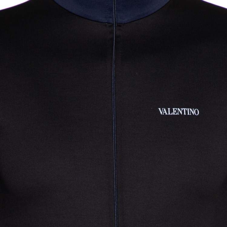 Pre Owned Valentino Black & Navy Blue Paneled Jersey Logo Printed Zip Front Track Jacket XS