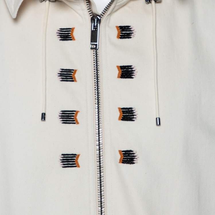 مملوكة مسبقًا Valentino Beige Denim Beaded Patch Work Detail Oversized Hooded Long Jacket M