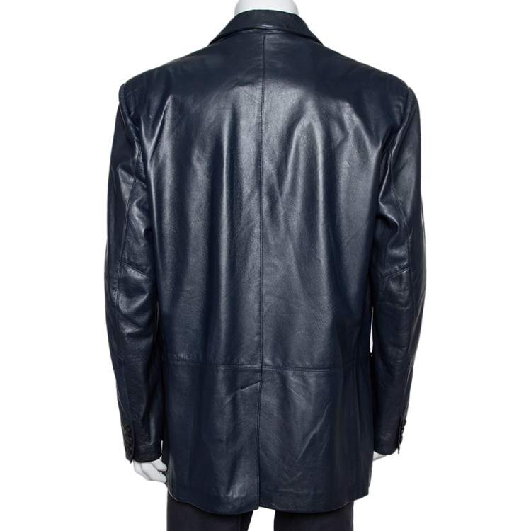 Pre Owned Valentino Vintage Midnight Blue Leather Button Front Jacket XL