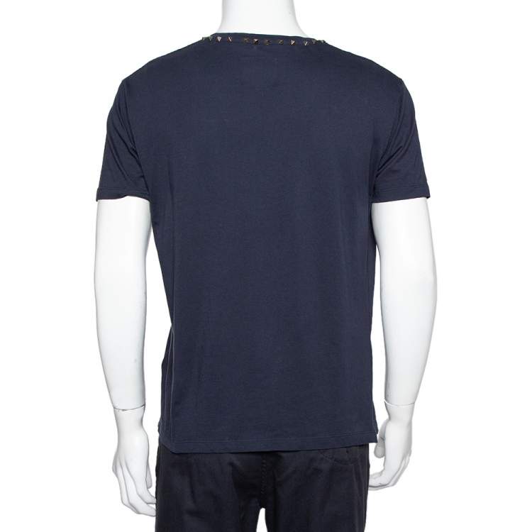 Pre Owned Valentino Navy Blue Cotton Rockstud Neckine Detail Crewneck T-Shirt L