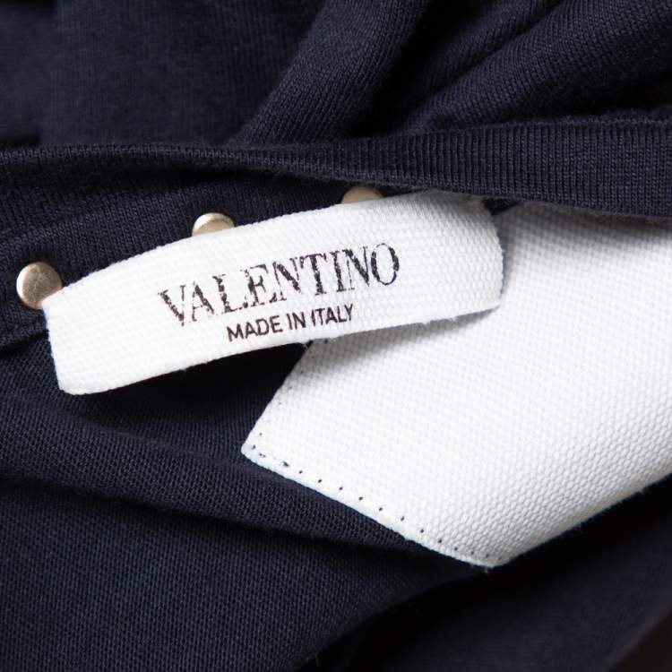 Pre Owned Valentino Navy Blue Cotton Rockstud Neckine Detail Crewneck T-Shirt L