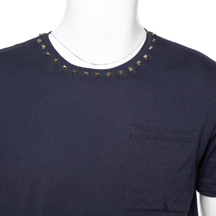 Pre Owned Valentino Navy Blue Cotton Rockstud Neckine Detail Crewneck T-Shirt L