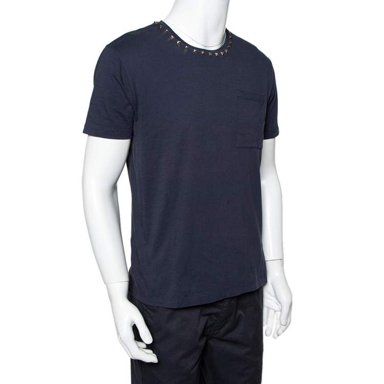 Pre Owned Valentino Navy Blue Cotton Rockstud Neckine Detail Crewneck T-Shirt L