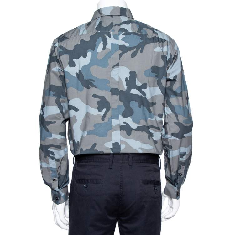 Pre Owned Valentino Grey Camoflauge Printed Cotton Button Front Shirt M