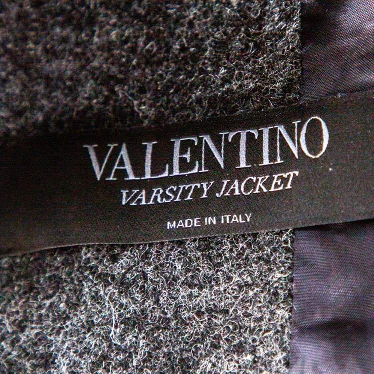 Pre Owned Valentino Charcoal Grey Wool & Black Leather Embroidered Bomber Jacket XS