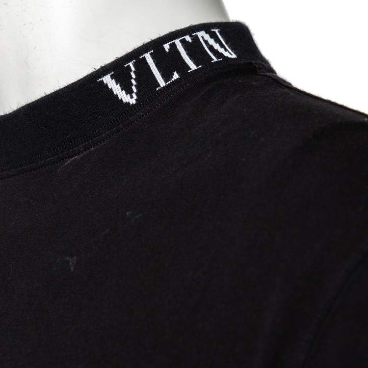 Pre Owned Valentino Black Cotton VLTN Intarsia Trim Detailed Crew Neck T-Shirt L