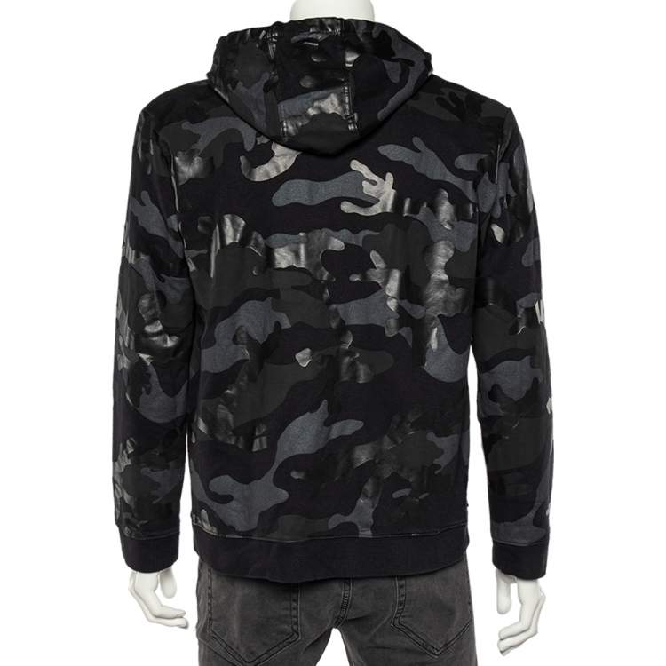 Pre Owned Valentino Black Camouflage Print Cotton Zip Up Hooded Sweatshirt L