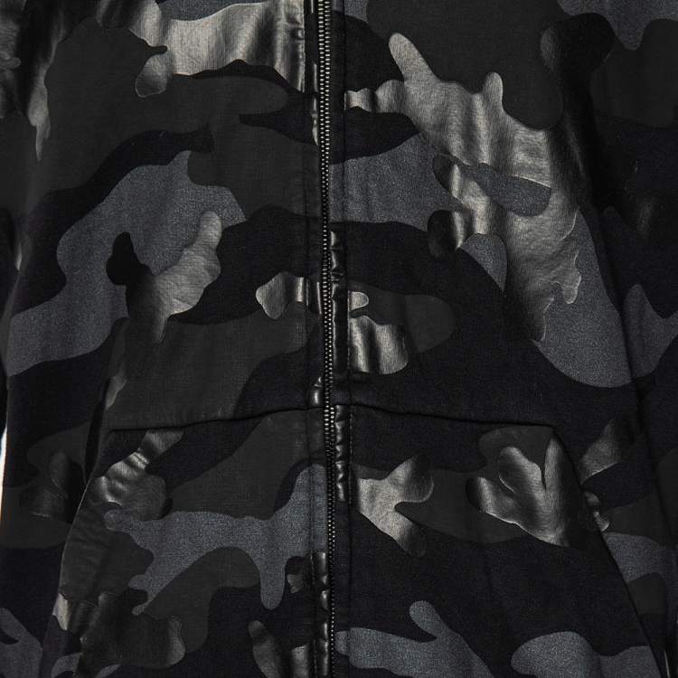 Pre Owned Valentino Black Camouflage Print Cotton Zip Up Hooded Sweatshirt L