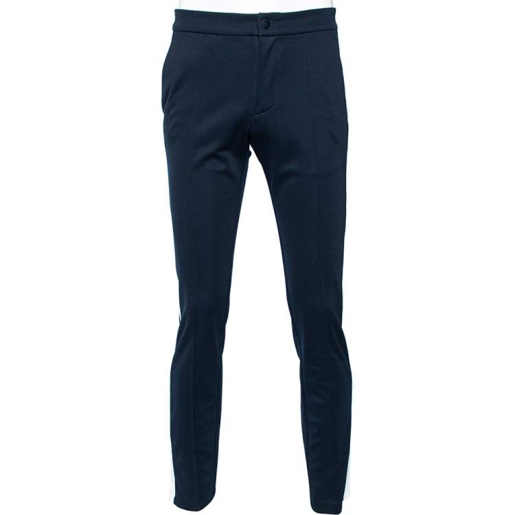 Pre Owned Valentino Navy Blue Jersey Contrast Strip Detail Button Hem Pants S