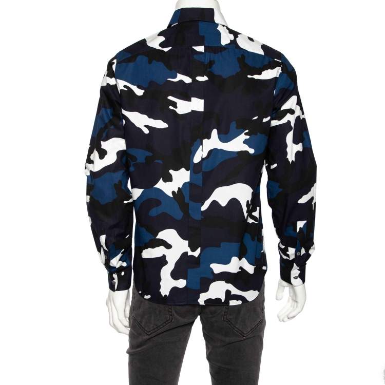 Pre Owned Valentino Blue Camouflage Printed Cotton Button Front Shirt M