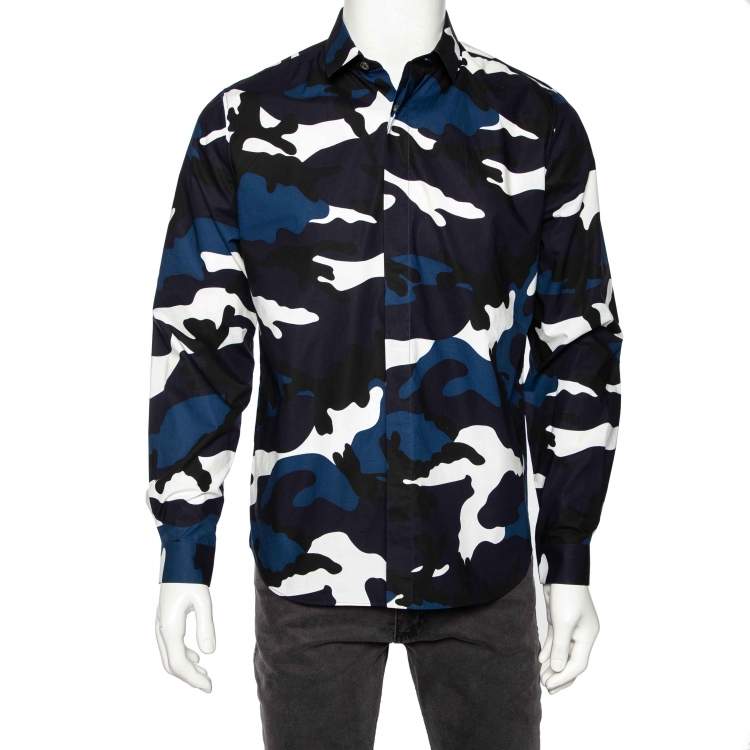 Valentino Blue Camouflage Printed Cotton Button Front Shirt M Valentino