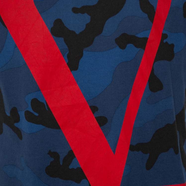 Pre Owned Valentino Blue Camouflage VLogo Printed Cotton Short Sleeve T-Shirt L