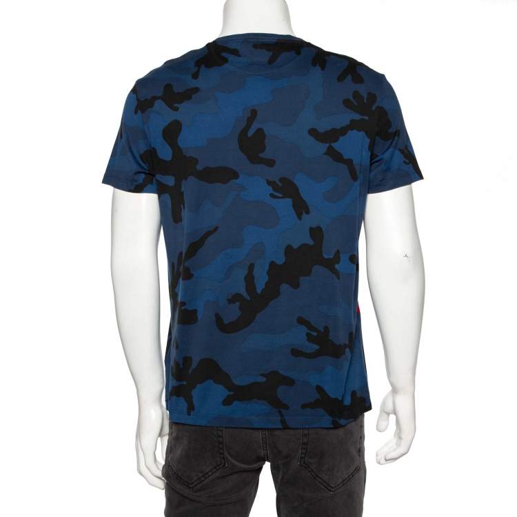 Pre Owned Valentino Blue Camouflage VLogo Printed Cotton Short Sleeve T-Shirt L