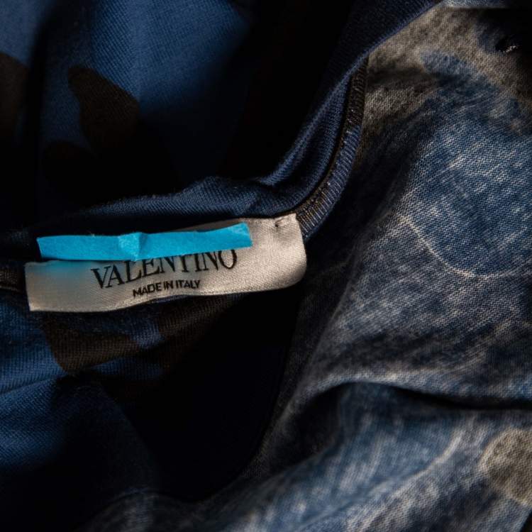 Pre Owned Valentino Blue Camouflage VLogo Printed Cotton Short Sleeve T-Shirt L