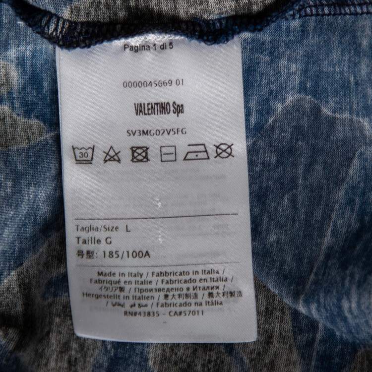 Pre Owned Valentino Blue Camouflage VLogo Printed Cotton Short Sleeve T-Shirt L