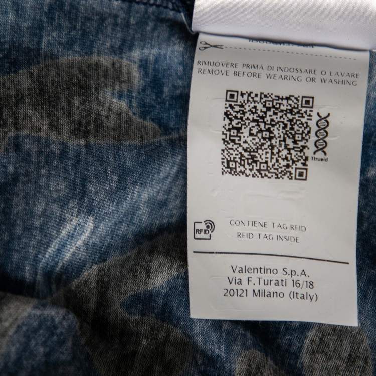 Pre Owned Valentino Blue Camouflage VLogo Printed Cotton Short Sleeve T-Shirt L