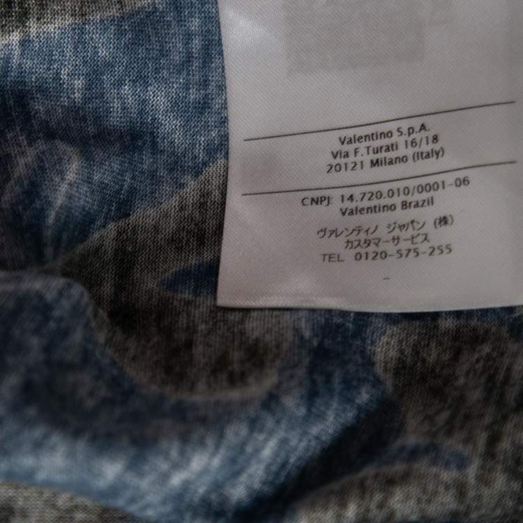 Pre Owned Valentino Blue Camouflage VLogo Printed Cotton Short Sleeve T-Shirt L