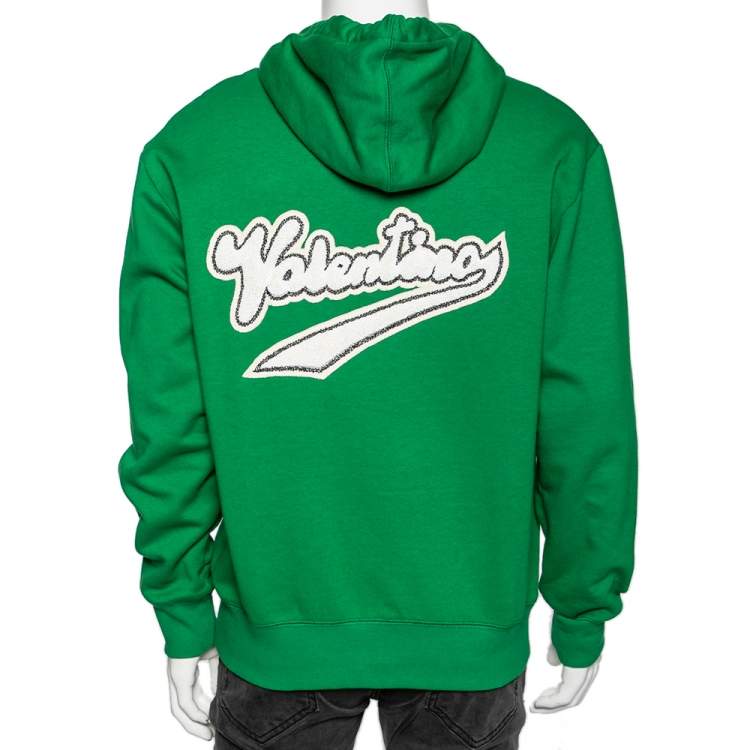 Pre Owned Valentino Green Cotton Logo Embellished Zip Front Hooded Jacket M