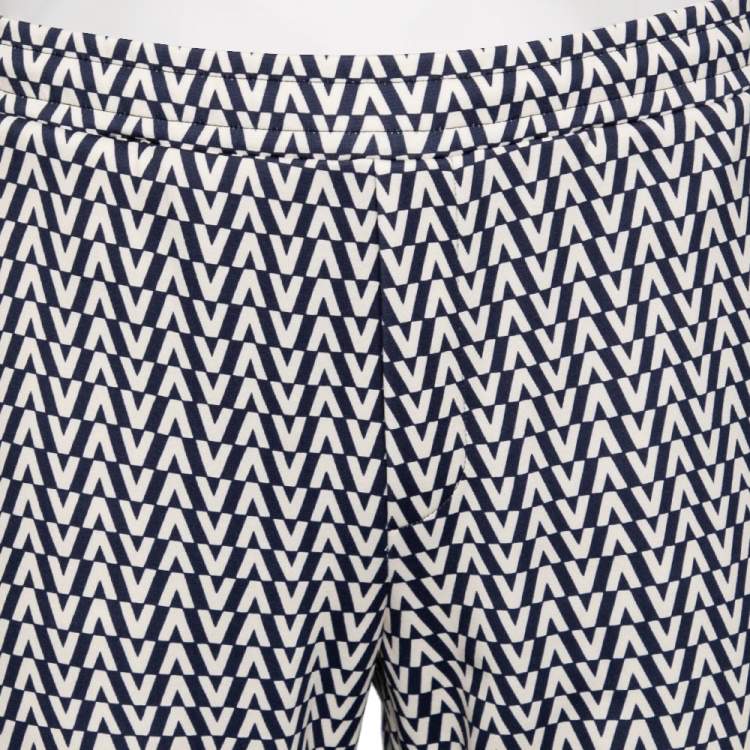Pre Owned Valentino Navy Blue & Cream Optical V Printed Jersey Trousers L
