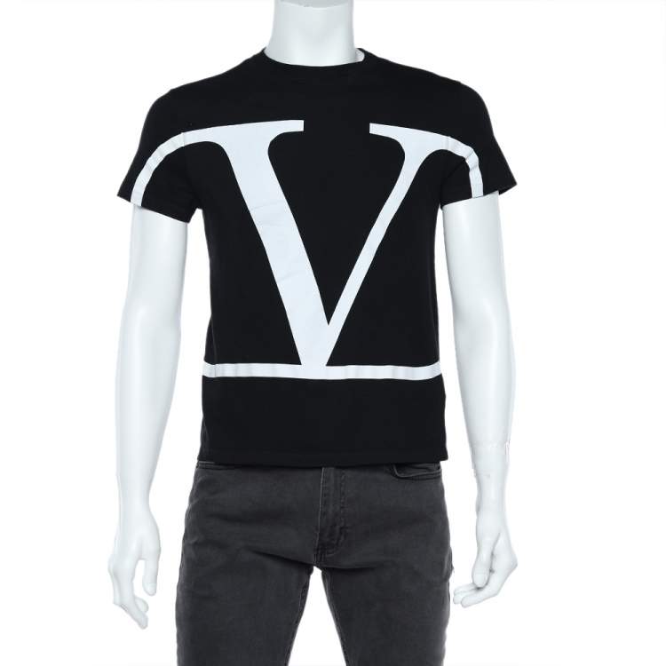 مملوكة مسبقًا Valentino Black VLogo Printed Cotton Knit Crewneck T-Shirt S