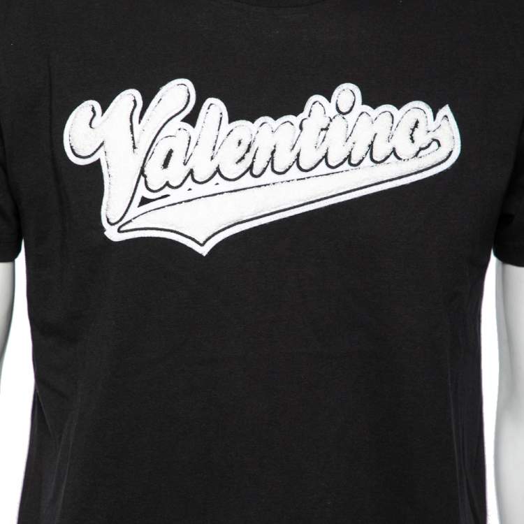 Pre Owned Valentino Black Cotton Baseball Logo Appliqued Short Sleeve T-Shirt S
