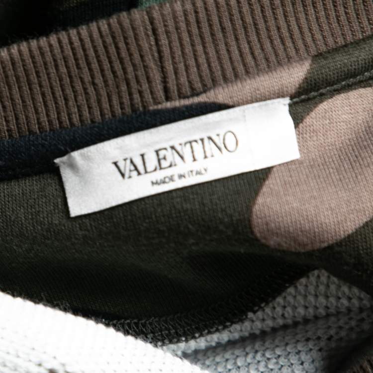 Pre Owned Valentino Green Camo Print Beaded Logo Applique Sweatshirt S