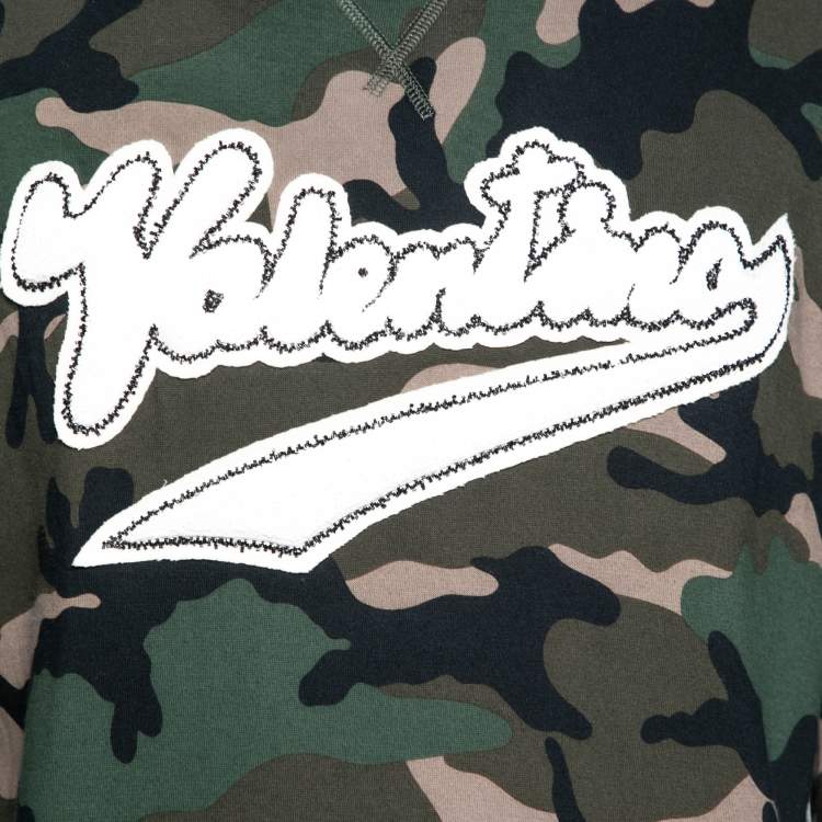 Pre Owned Valentino Green Camo Print Beaded Logo Applique Sweatshirt S