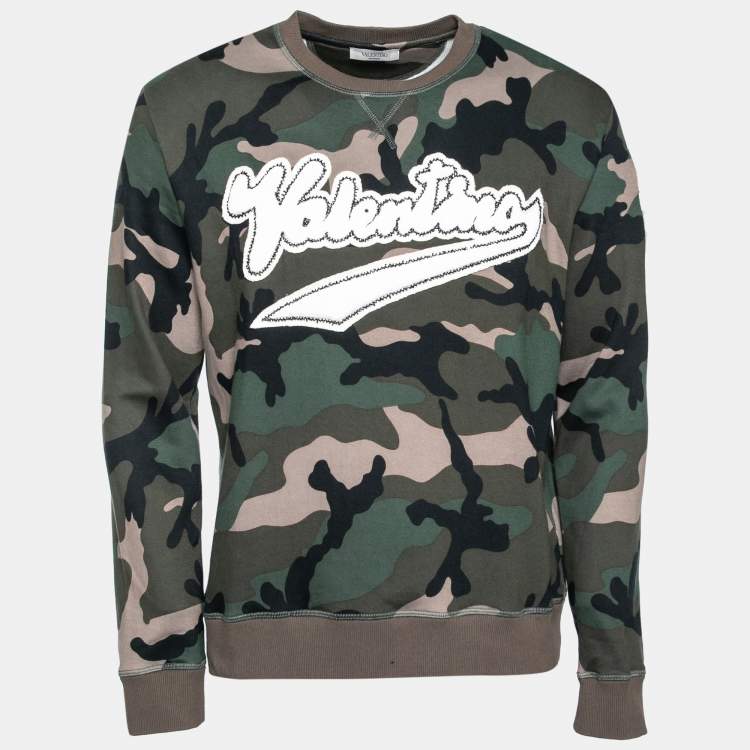 Pre Owned Valentino Green Camo Print Beaded Logo Applique Sweatshirt S