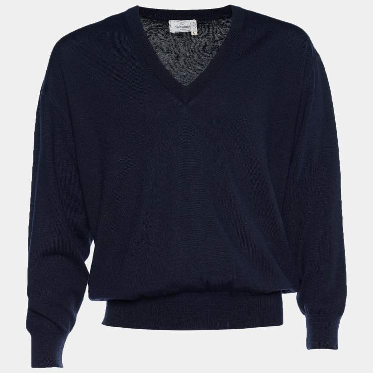 Pre Owned Valentino Uomo Navy Blue Rib Knit V Neck Pullover L