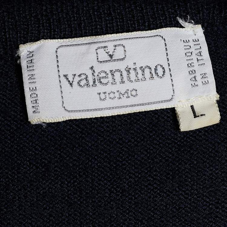 Pre Owned Valentino Uomo Navy Blue Rib Knit V Neck Pullover L