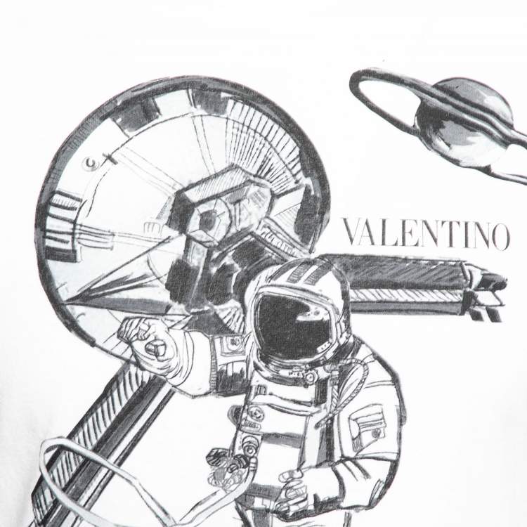 Pre Owned Valentino White Astronaut Printed Cotton Crew Neck T-Shirt S