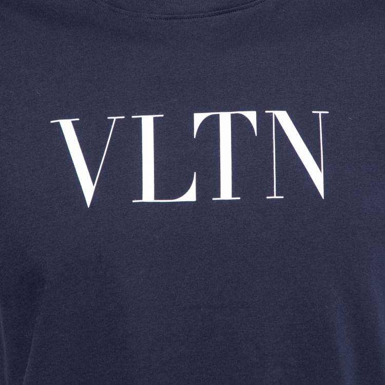 Pre Owned Valentino Navy Blue VLTN Printed Cotton Crewneck T-Shirt S