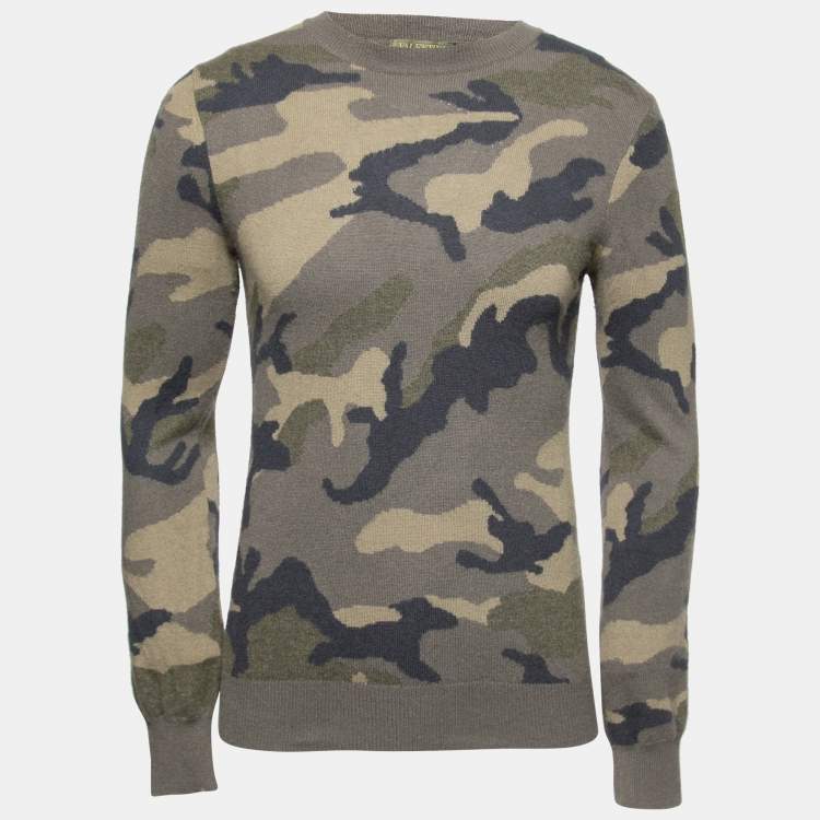 Pre Owned Valentino Green Camouflage Printed Cashmere Crew Neck Long Sleeve Sweater S